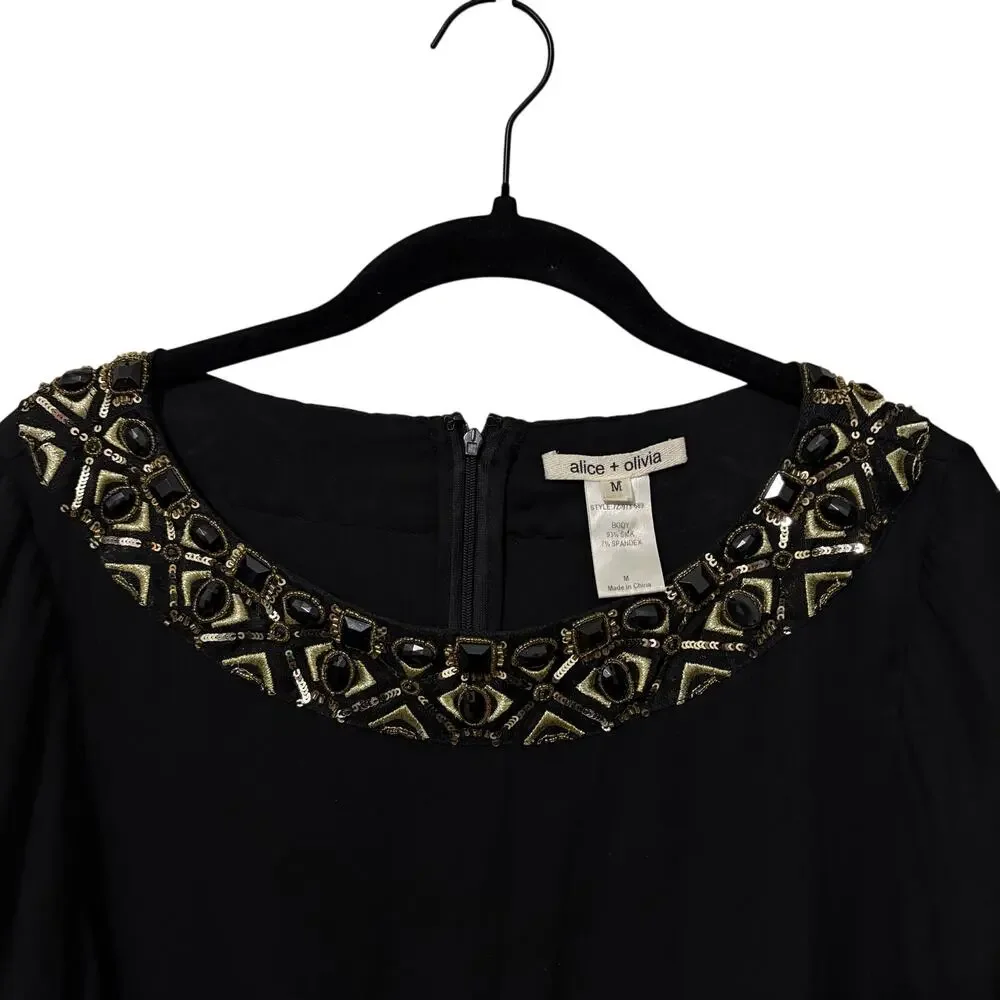 Alice + Olivia Black Gold Sequins Silk Mini Dress Size Medium
